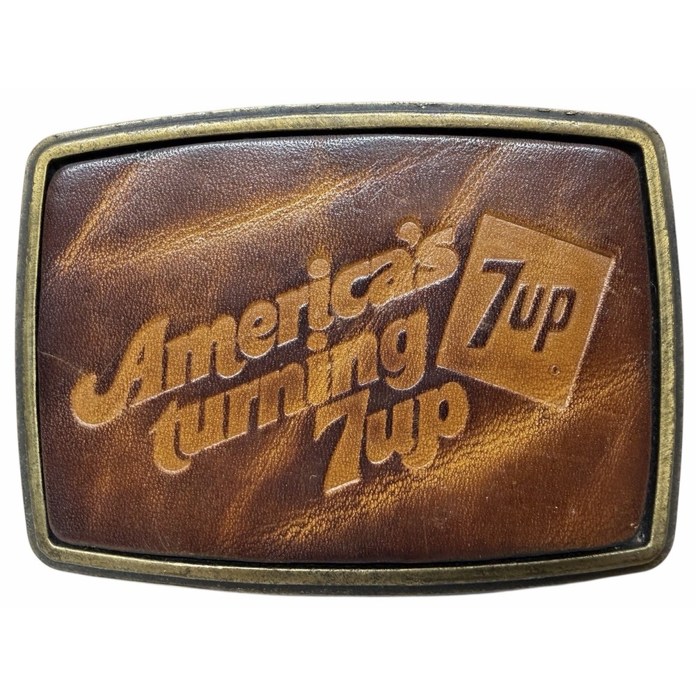 Vintage 1970s 7UP Belt Buckle "America's Turning 7UP" Embossed Leather‎ Brass